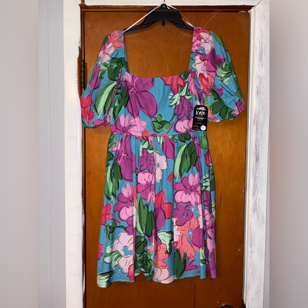 Peach Love California Floral Midi Dress in Teal, Pink & Green Medium NWT